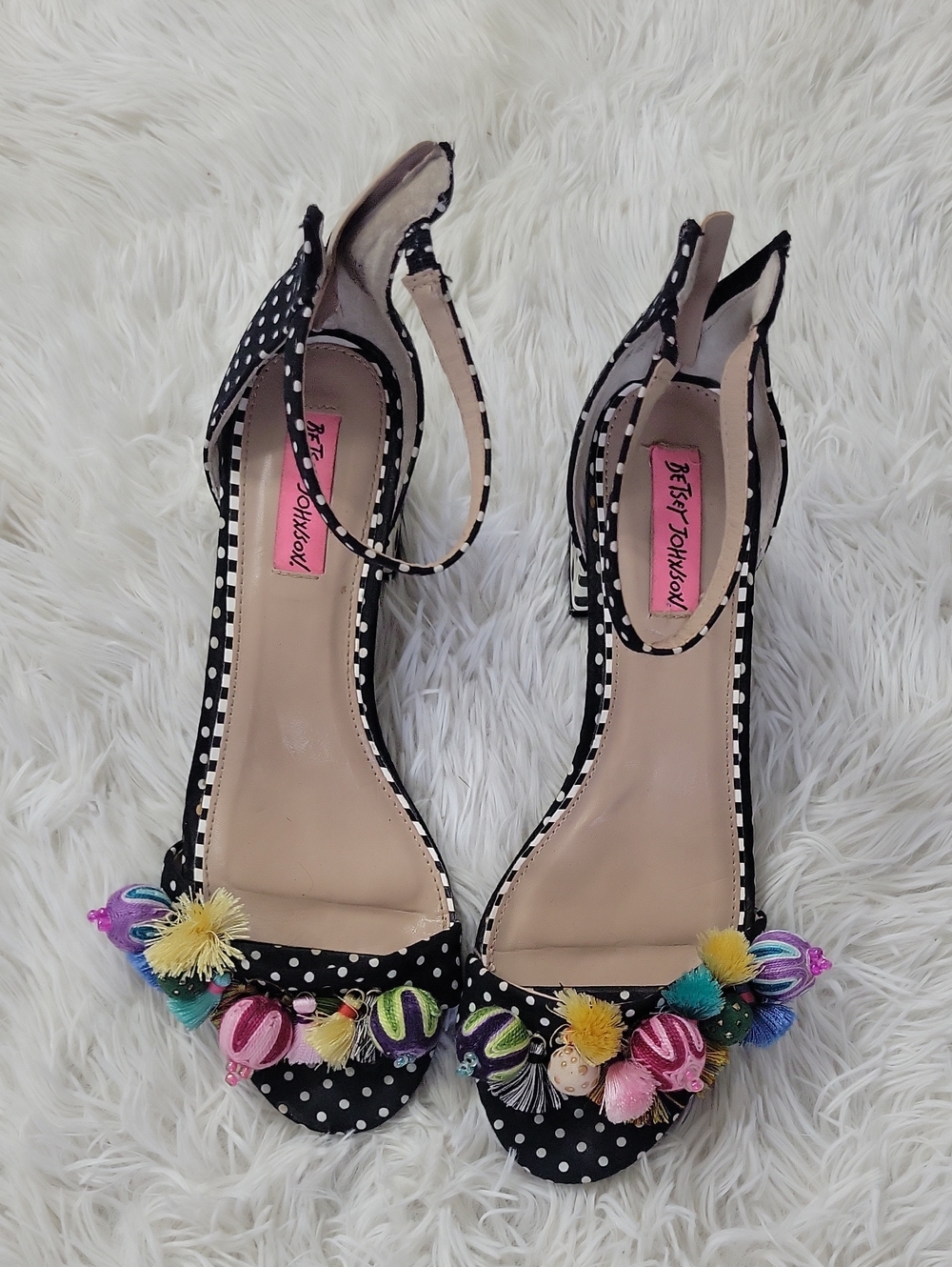 Betsey Johnson Black Polka Dot Pom-Pom Ankle Strap Heels - Picture 1 of 5